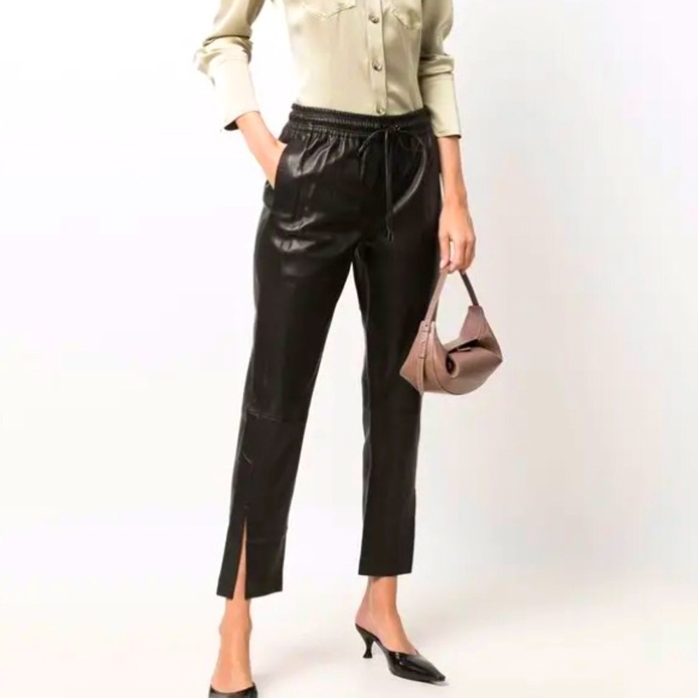 New Theory Brown Leather Ankle Slit Joggers Lambskin Gift Ideas for her summer